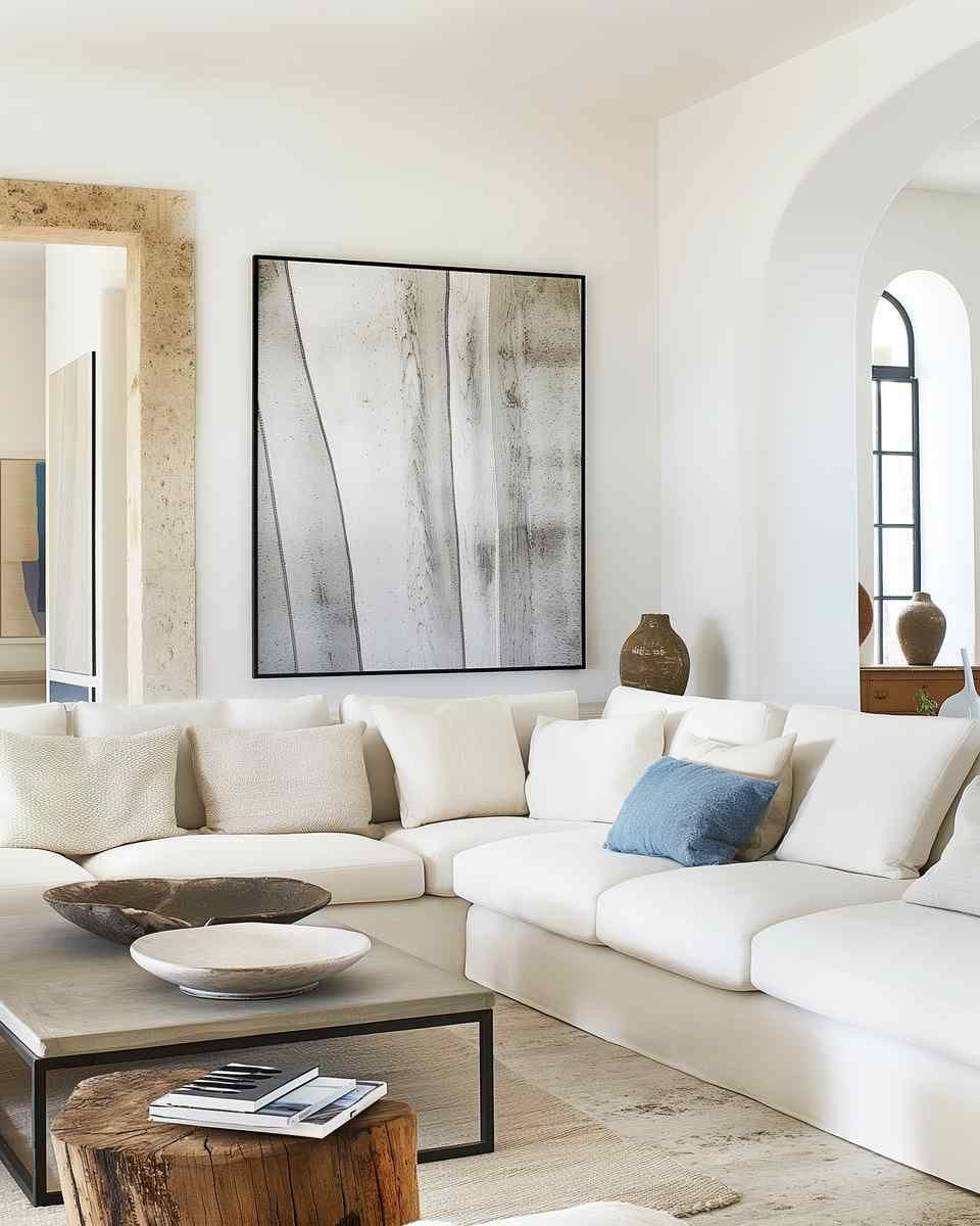 Modern living room with a large black-framed wall art piece above a white sectional sofa and a low coffee table.