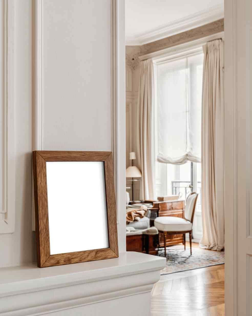 Leaning wood frame on a white ledge in a living room, with tall windows and long curtains in the background.