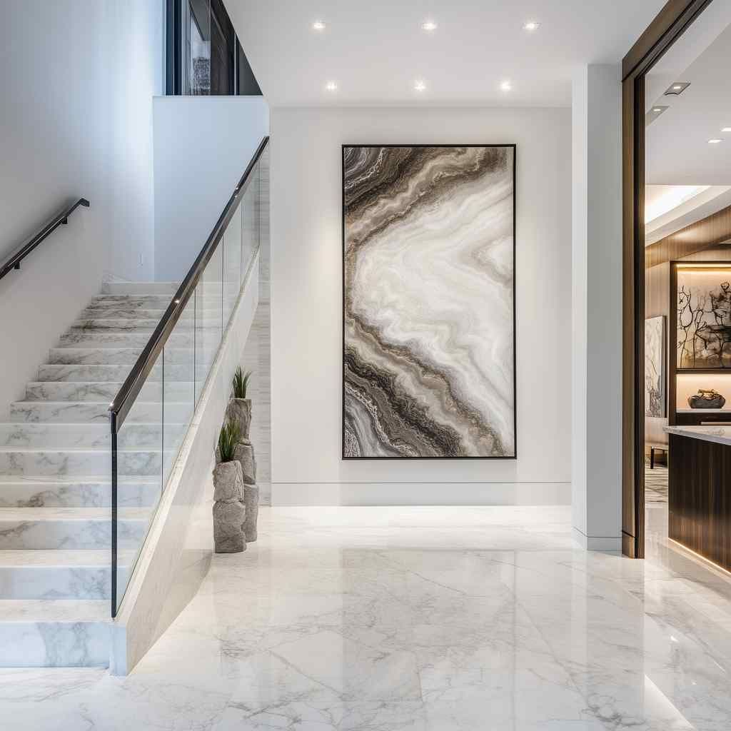Modern entryway with a large vertical framed wall art piece beside a marble staircase with a glass railing.