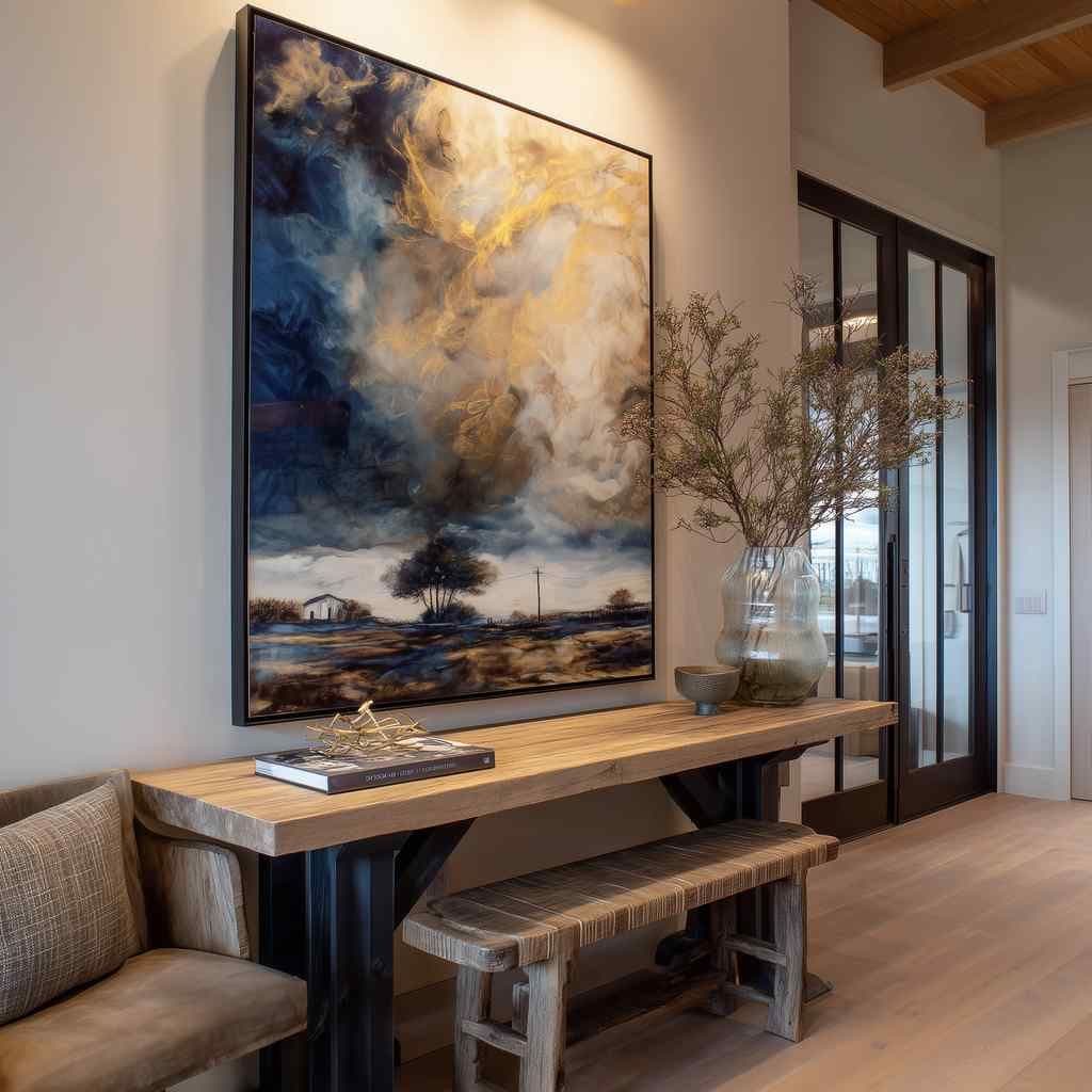Modern rustic entryway with a large black-framed wall art above a wood console table and a rustic bench.