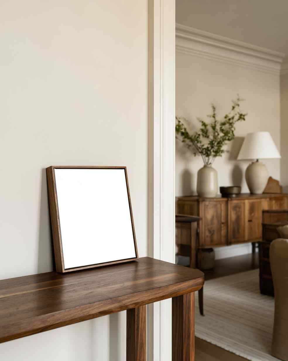 Leaning wood frame on a dark wood console table against a light wall in an entryway, with a sideboard and lamp in the next room.
