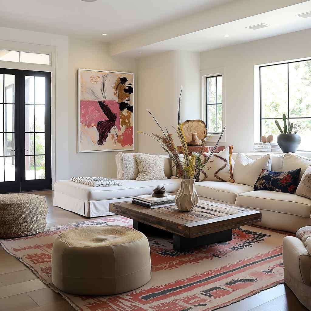 Bright living room with a large framed artwork above a white sectional sofa, facing a low wood coffee table.