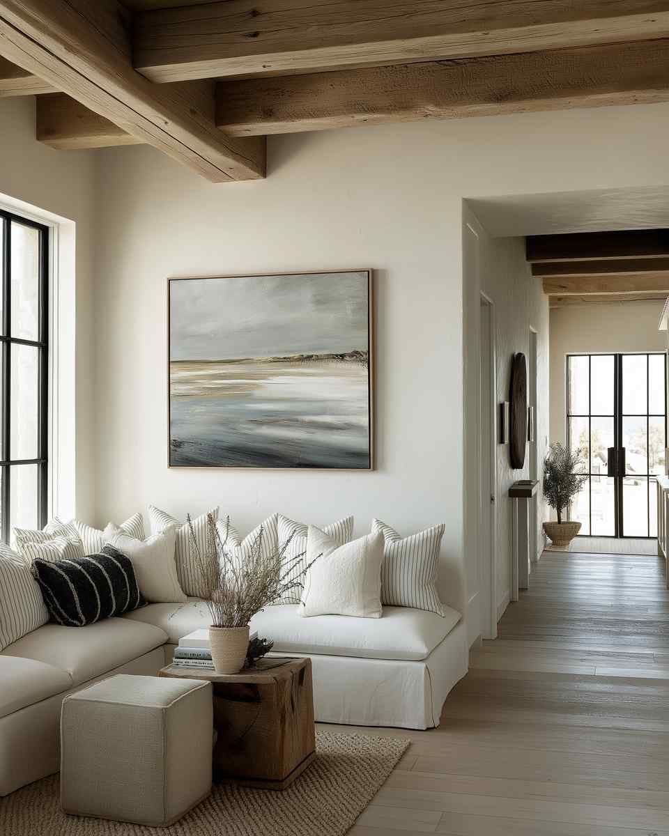 Living room with a large framed artwork above a white sectional sofa, set under exposed wood ceiling beams.