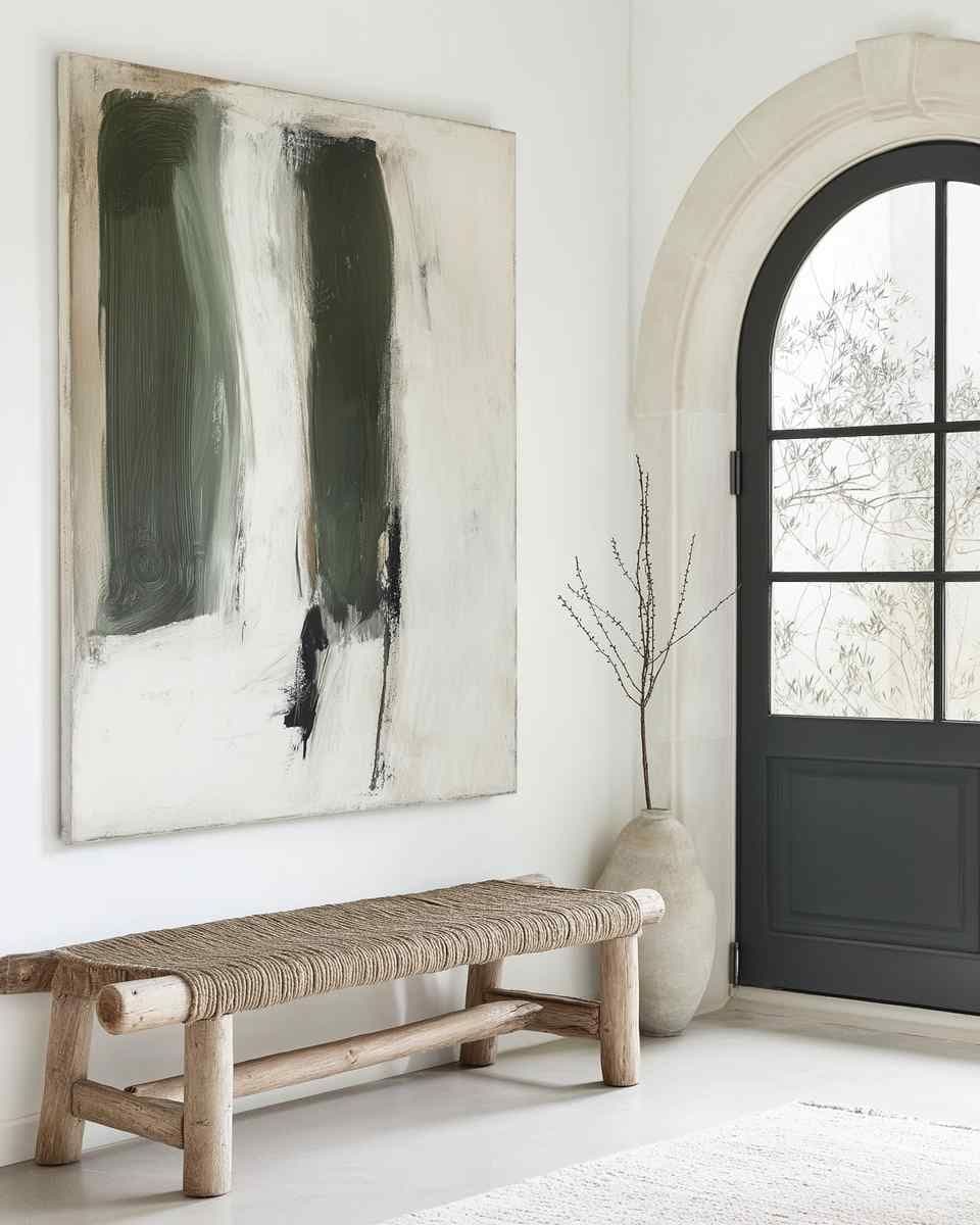 Entryway wall with a large square artwork above a rustic wood bench, beside an arched black door and a tall ceramic vase.