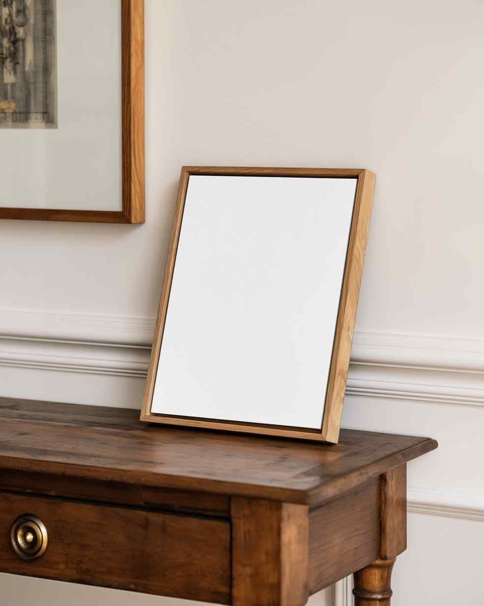 Leaning wood frame on a dark wood console table against a white wall with molding, with a partial wall-hung frame nearby.