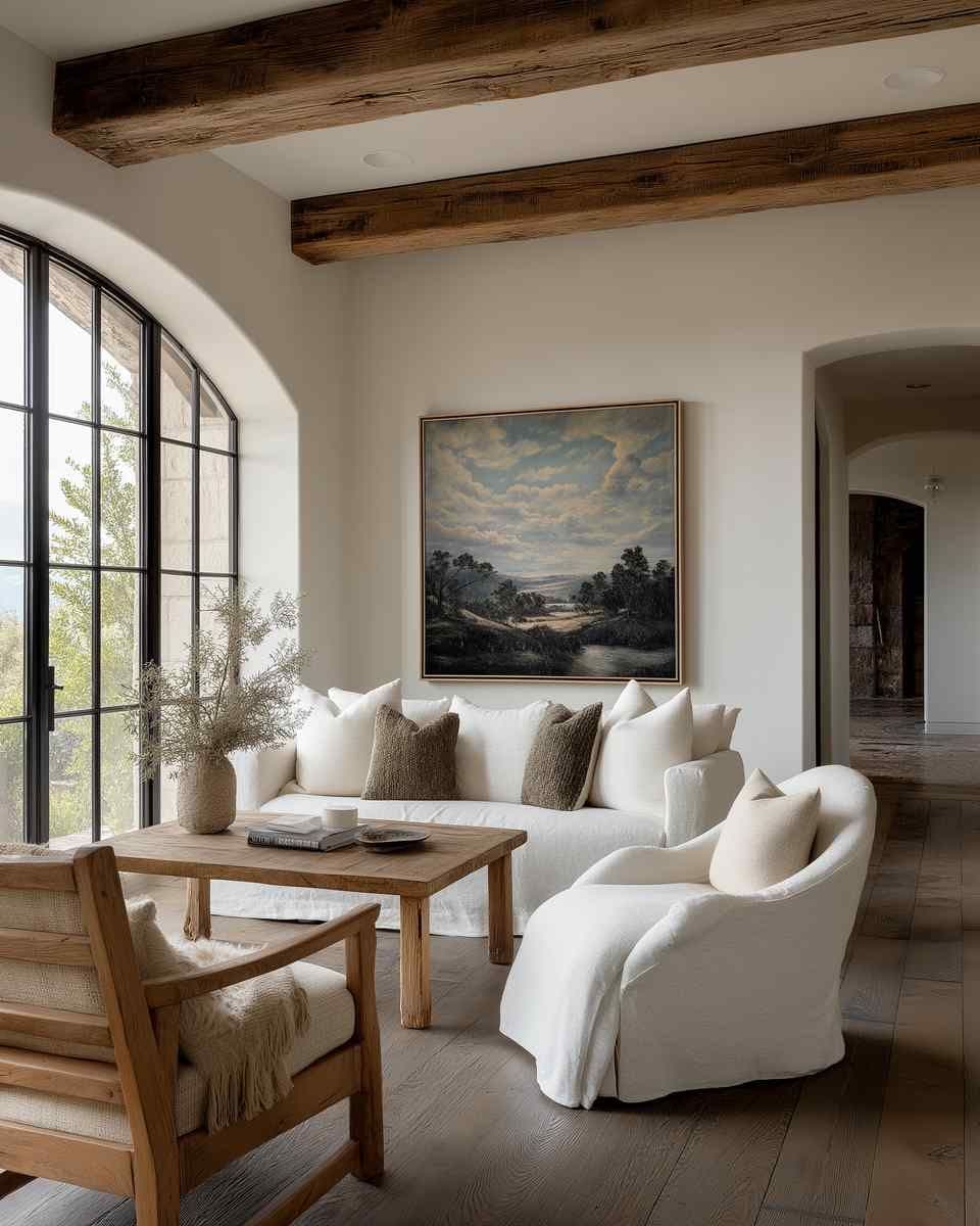 Living room with a framed artwork above a white sofa, beside an arched black-grid window and a wood coffee table.