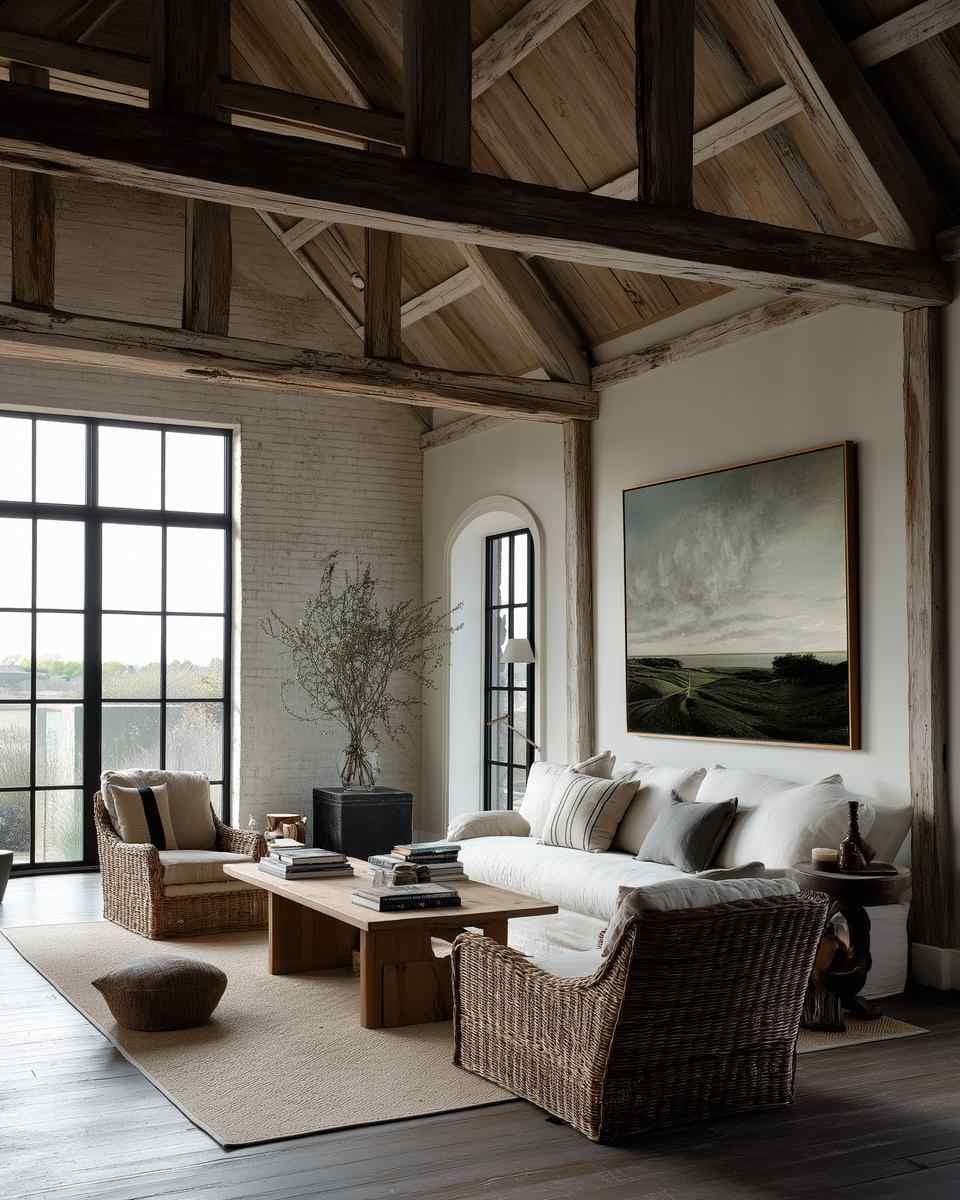 Rustic modern living room with a large framed artwork on a white wall above a sofa, near black grid windows and a wood coffee table.