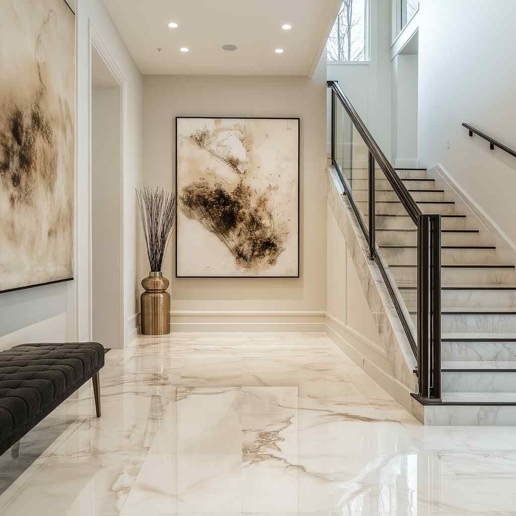 Bright entryway with a large framed wall art piece at the end of the hall, marble floors, and a staircase with black railing.