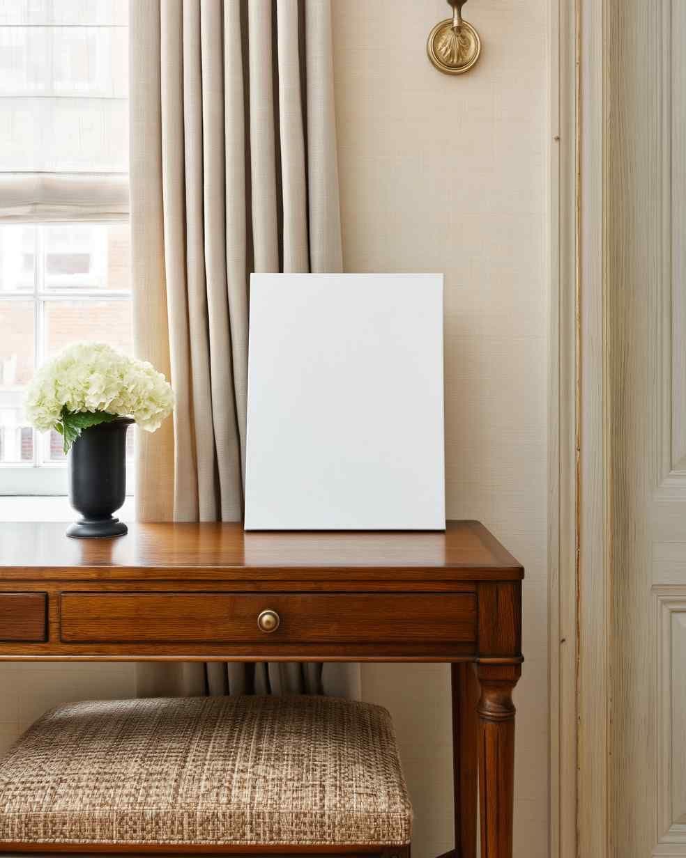 Leaning vertical frame on a wooden console table in a bright entryway, with beige curtains and a black vase of flowers.