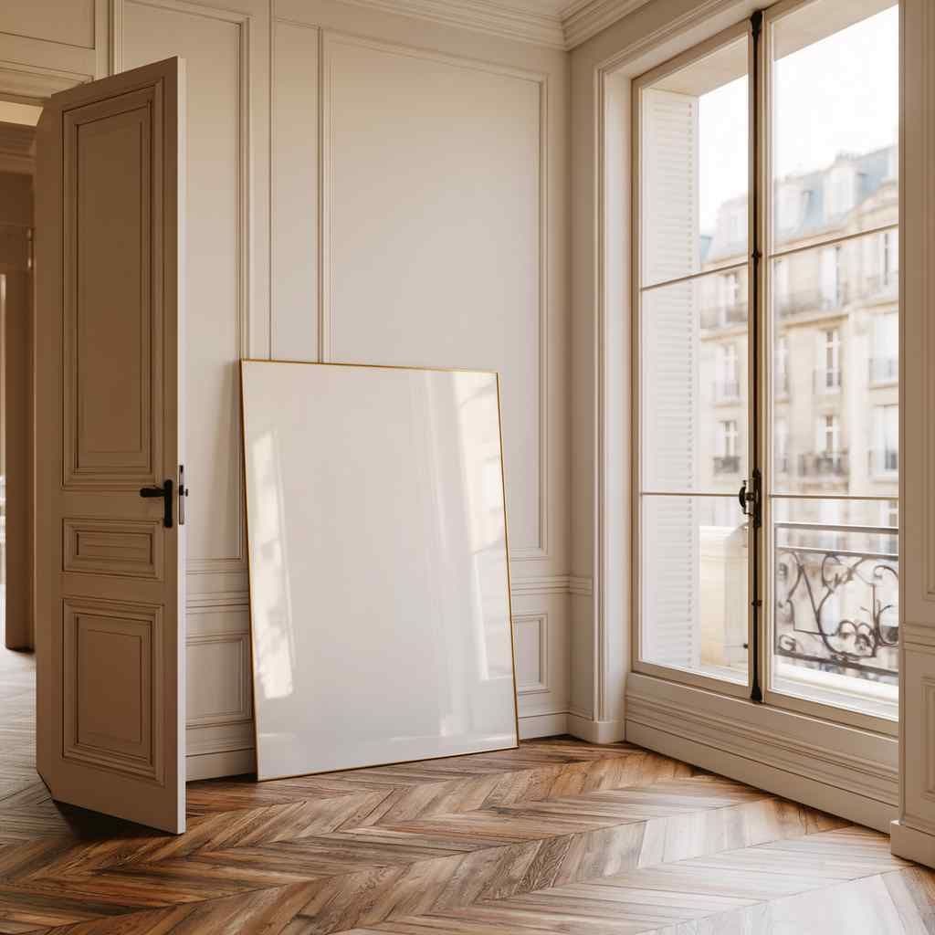 Sunlit hallway corner with a large leaning frame against paneled walls beside a tall window and herringbone wood floor.