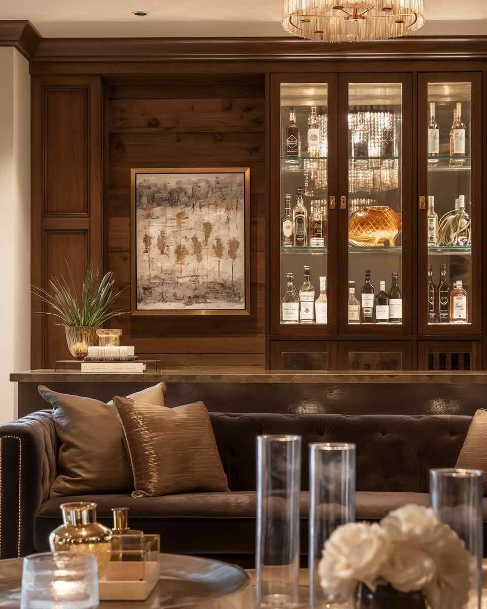 Home bar lounge with a framed artwork on dark wood paneling beside a glass-front liquor cabinet and a tufted sofa.