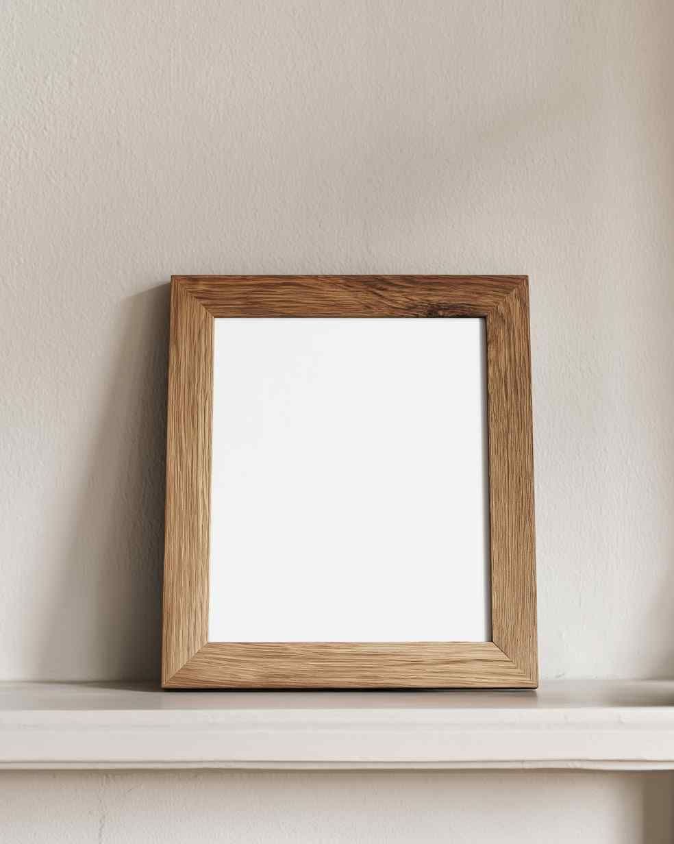 Wood frame leaning on a shallow white shelf against an off-white textured wall in a minimalist living room setting.
