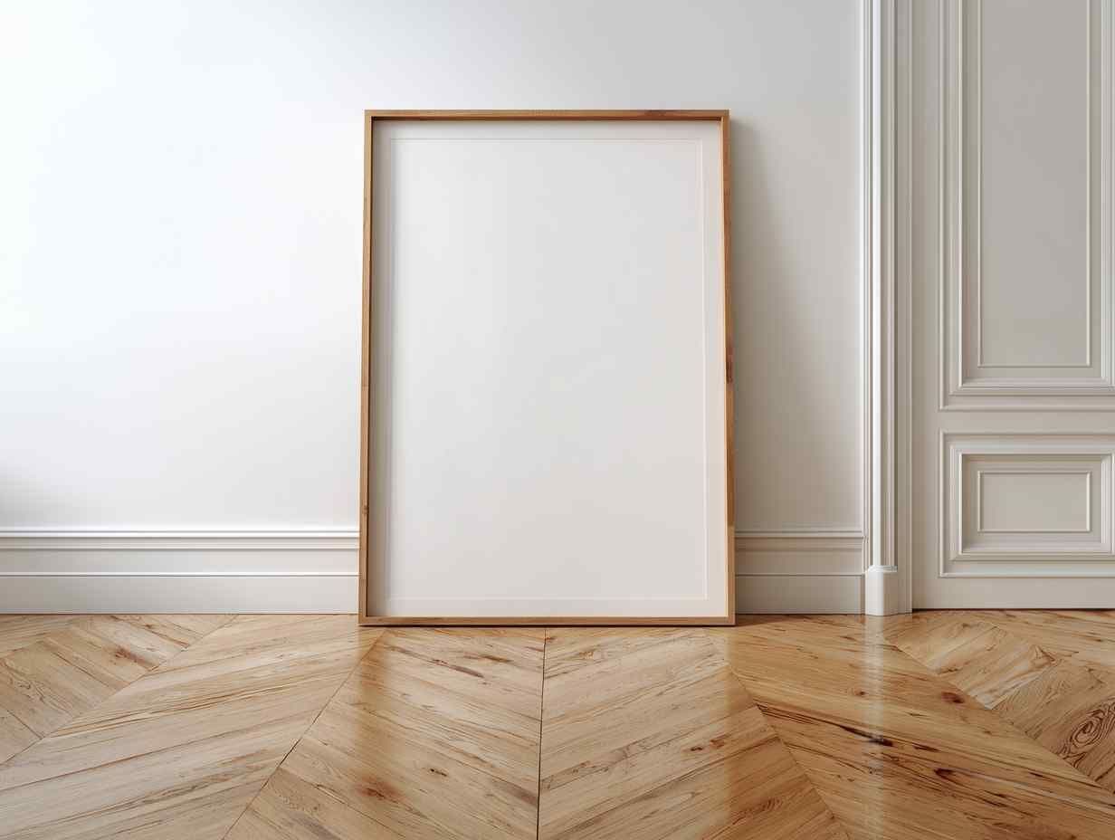 Leaning wood picture frame on a white wall in a living room corner, with herringbone wood flooring and wall molding.
