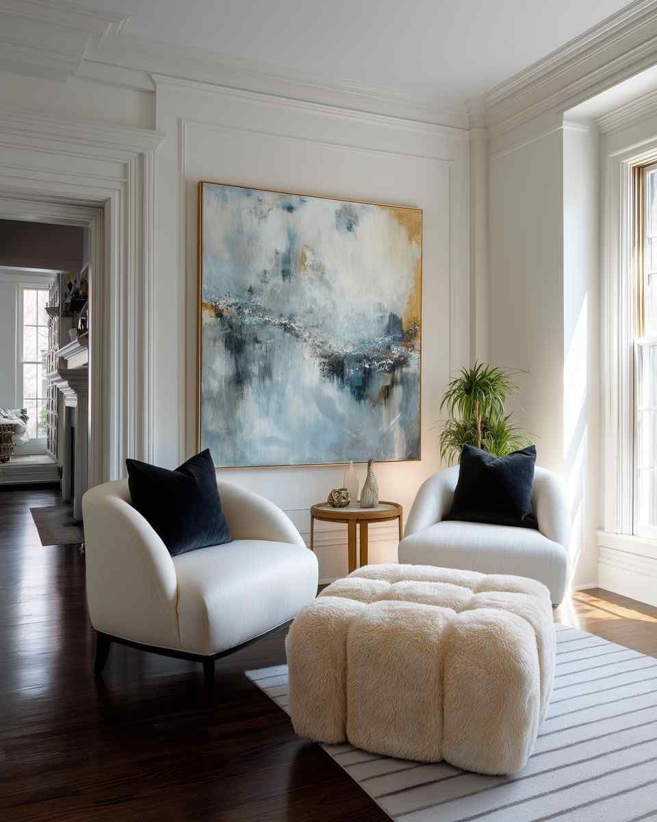 Bright living room with a large gold frame centered on a paneled wall above two white lounge chairs and a tufted ottoman.