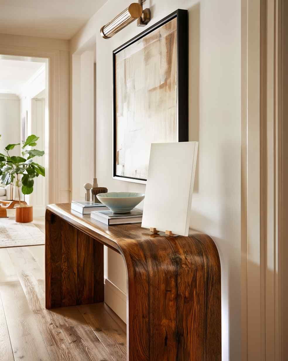 Bright hallway wall with a large black-framed artwork above a curved wood console table and a brass picture light.