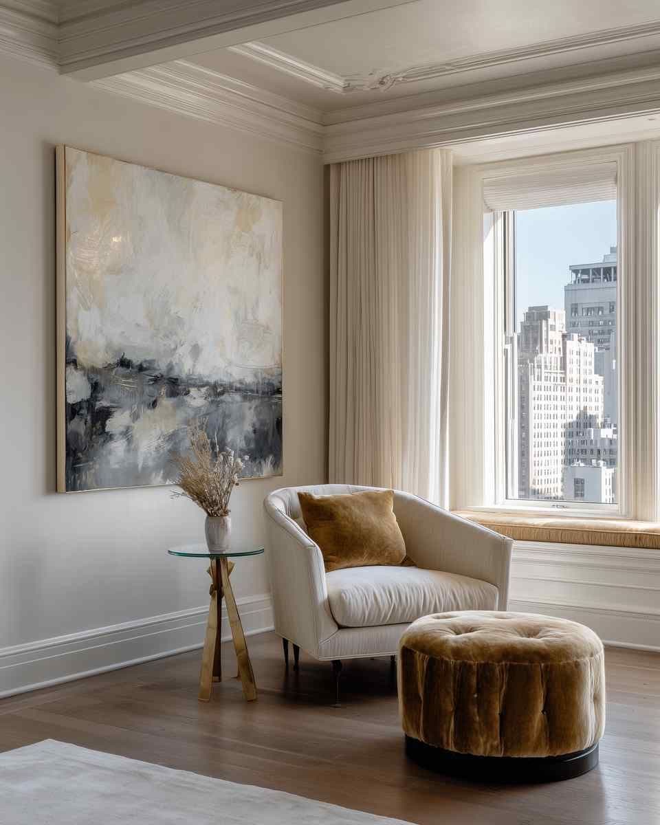 Living room corner with a large framed wall artwork above a small round side table next to an upholstered chair by a window.