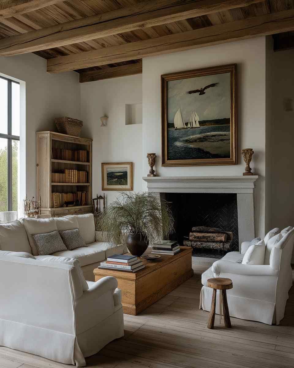 Rustic living room with a framed artwork above a white fireplace mantel, flanked by slipcovered sofas and a wood coffee table.