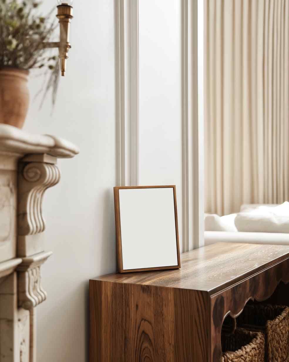 Leaning framed print on a wooden console table in a living room, beside a carved fireplace mantel and sheer curtains.