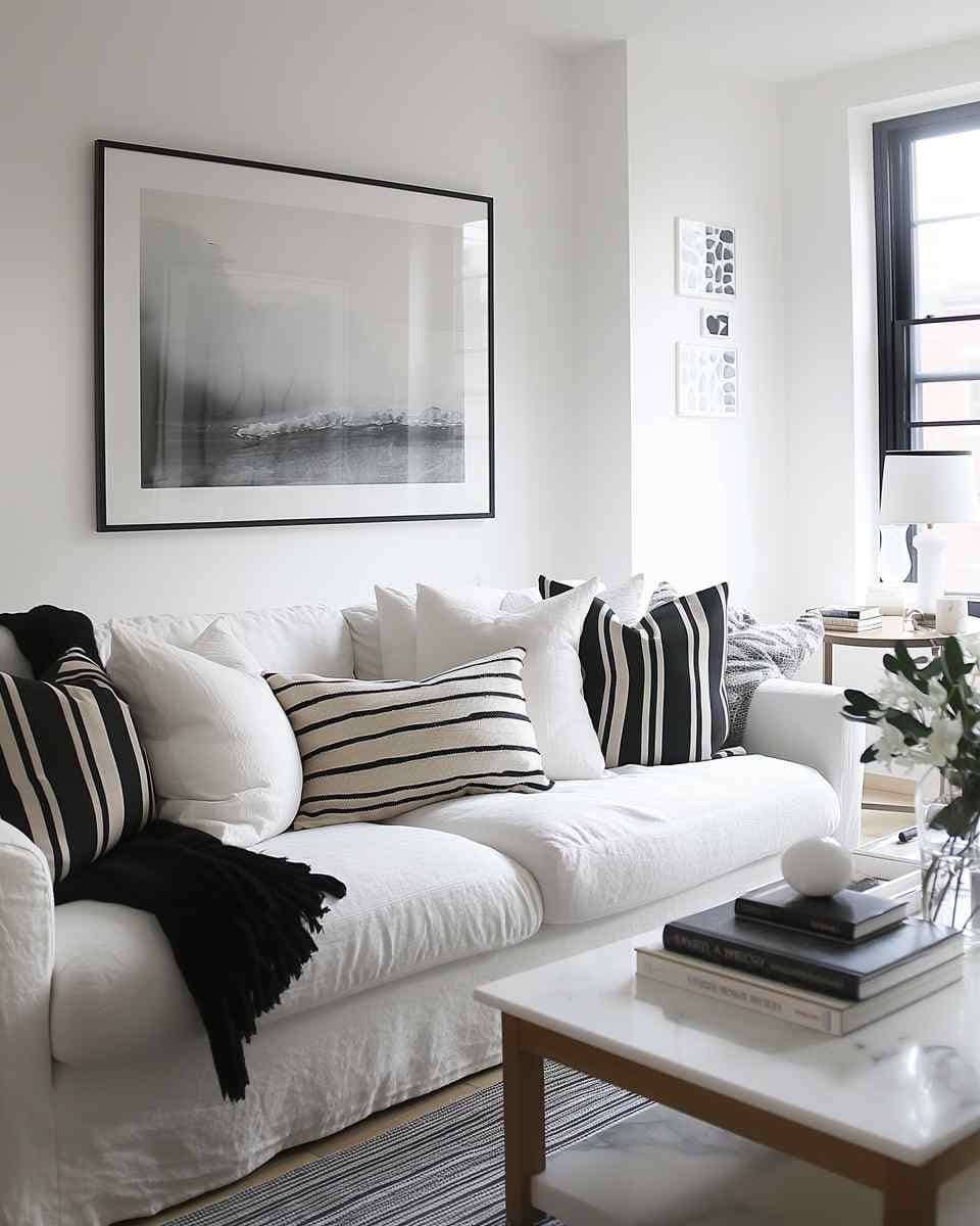 Bright living room with a large black-framed wall art print above a white sofa, plus a coffee table with stacked books.