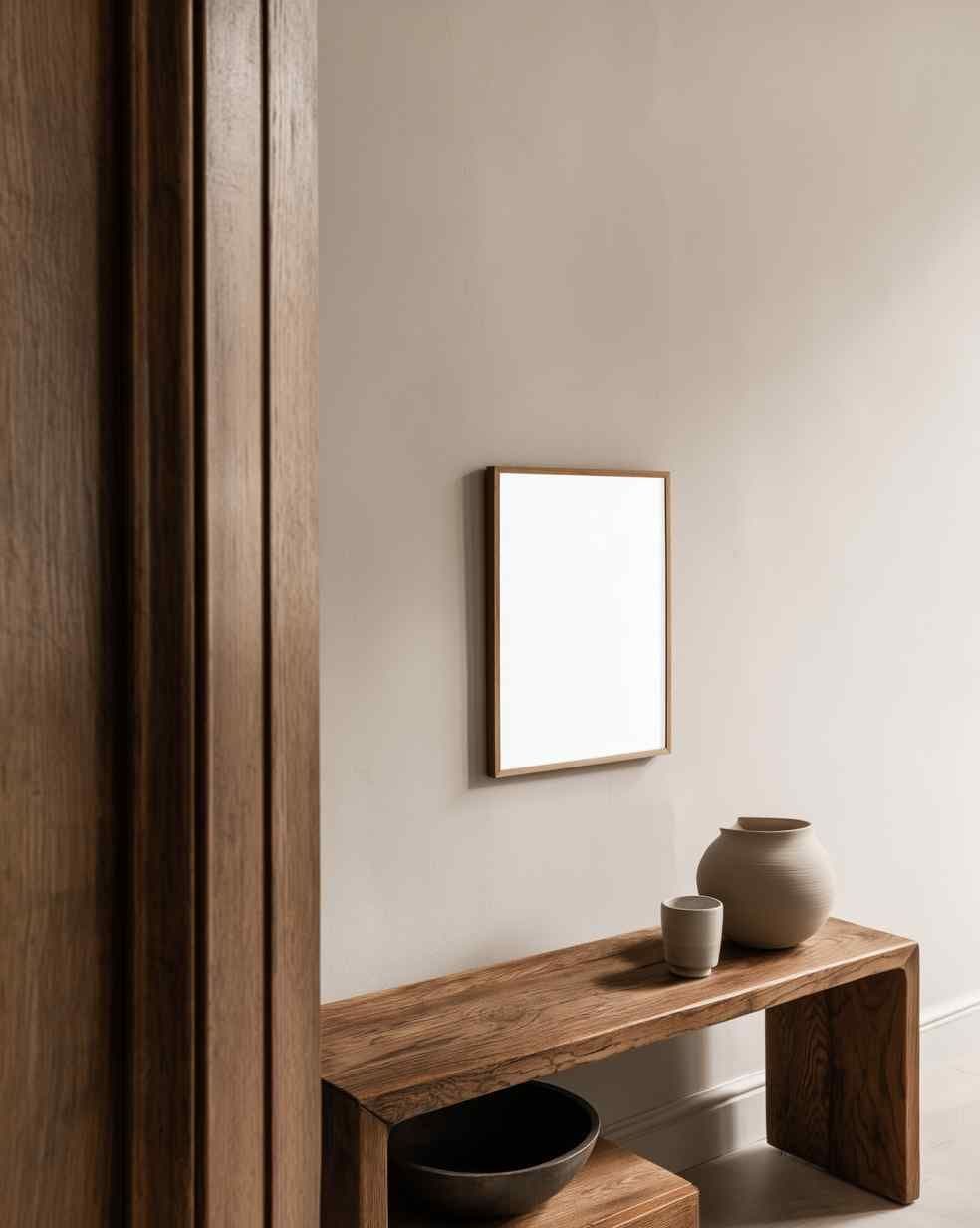 Minimal entryway wall with a small framed print above a wood bench holding two ceramic vases in soft daylight.