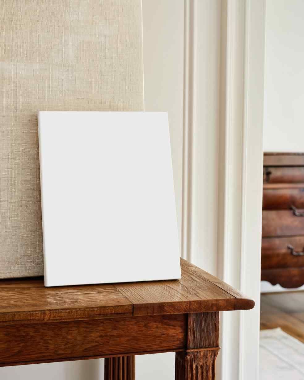 Leaning blank canvas on a warm wood desk against a textured wall, with white door trim in a bedroom corner.