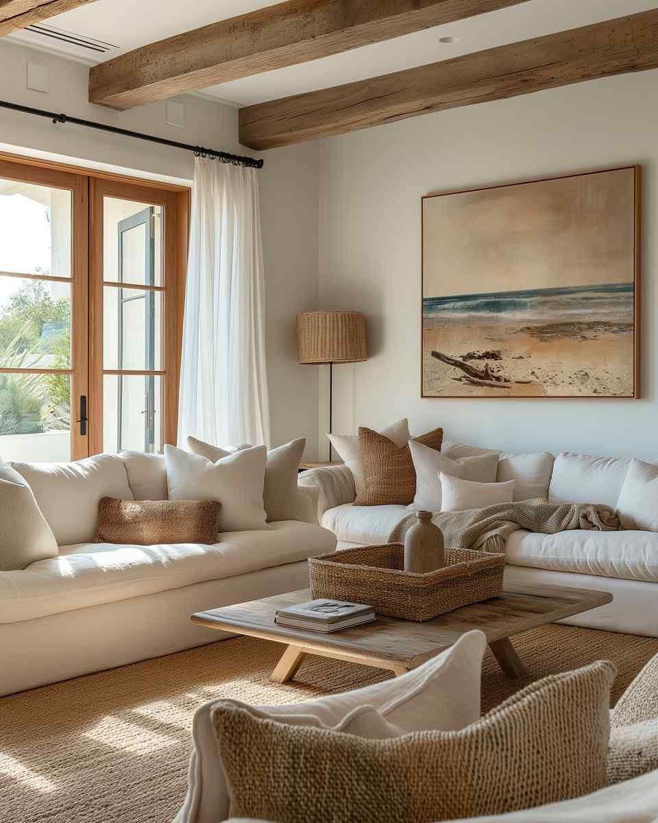Bright living room with a large framed wall artwork above a white sectional sofa, with a woven floor lamp nearby.