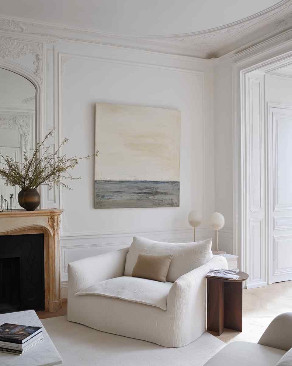 Living room with a square wall art piece above a white armchair beside a carved fireplace mantel and a small side table.