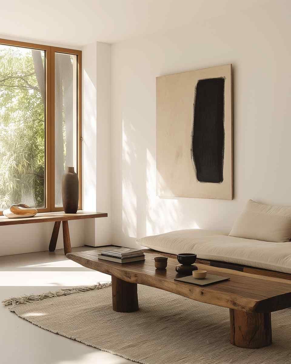 Sunlit living room with a large wall art piece above a low sofa, next to a wood coffee table and tall window.