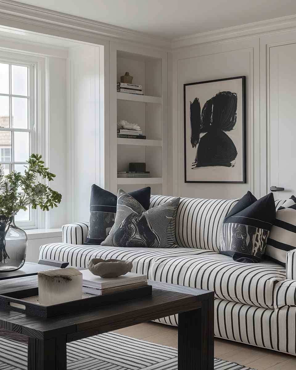 Bright living room with a framed wall artwork above a striped sofa, next to a large window and a dark wood coffee table.