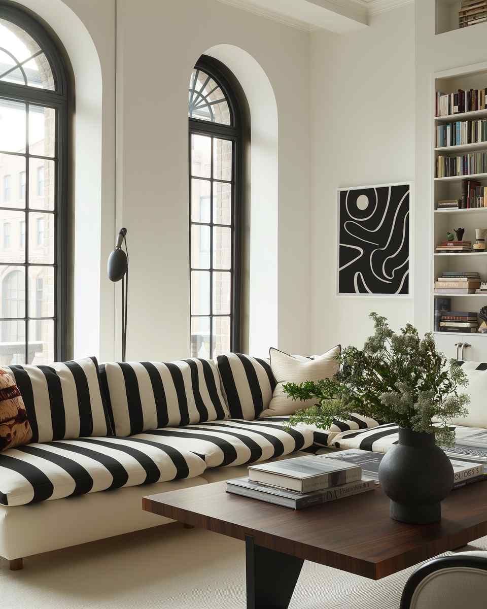 Living room wall art above a striped sectional sofa, with tall arched black-trim windows and a coffee table in front.
