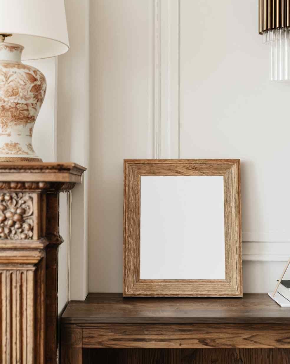 Leaning wood picture frame on a dark wood console table beside an ornate mantel with a ceramic lamp.