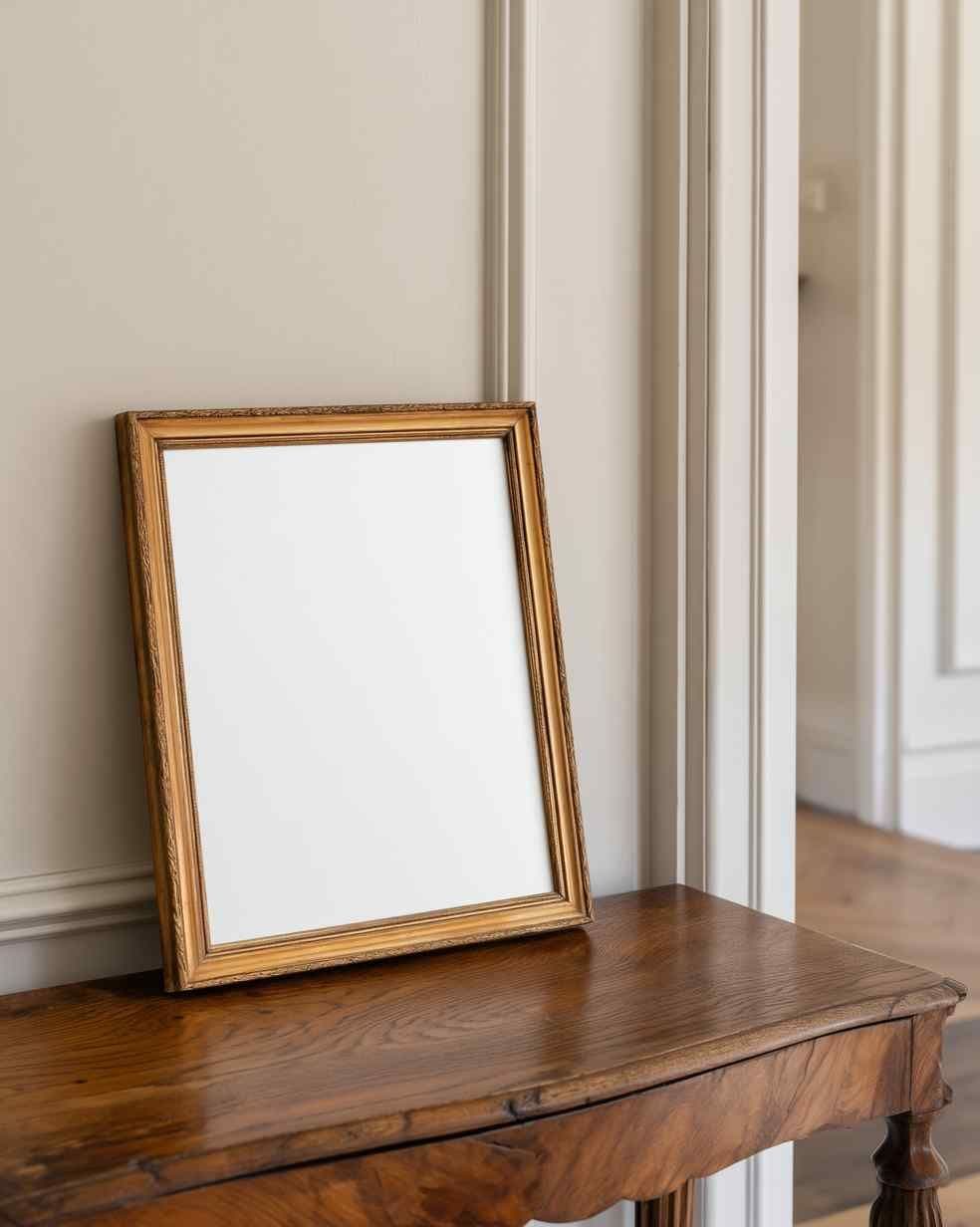 Leaning gold frame on a dark wood console table in a neutral hallway with white trim and a doorway in view.