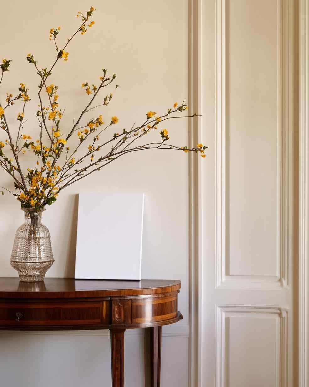 Entryway vignette with a blank frame leaning on a dark wood console table beside a glass vase with flowering branches.