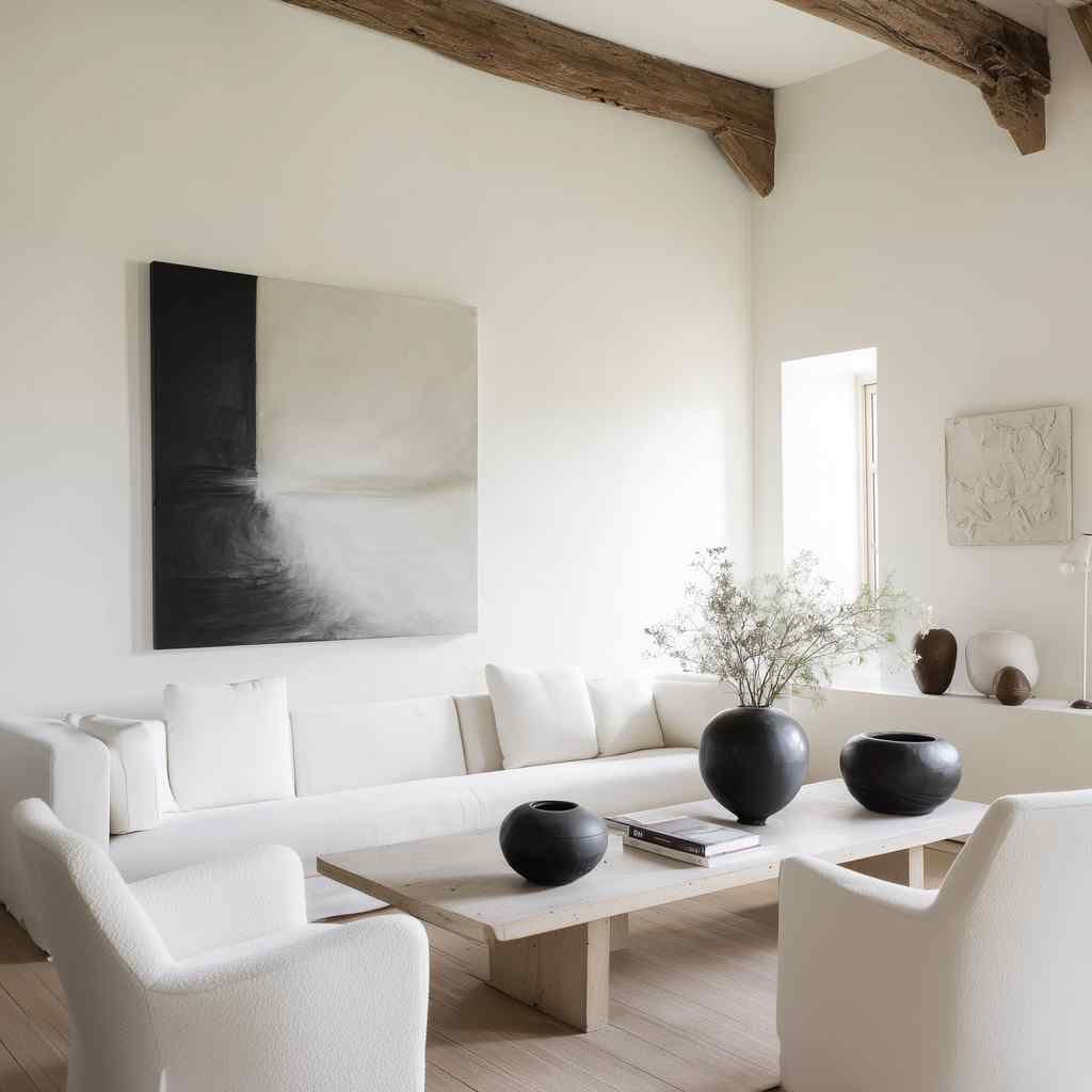 Minimal living room with a large wall-hung canvas above a white sofa, plus a low wood coffee table with black vases.