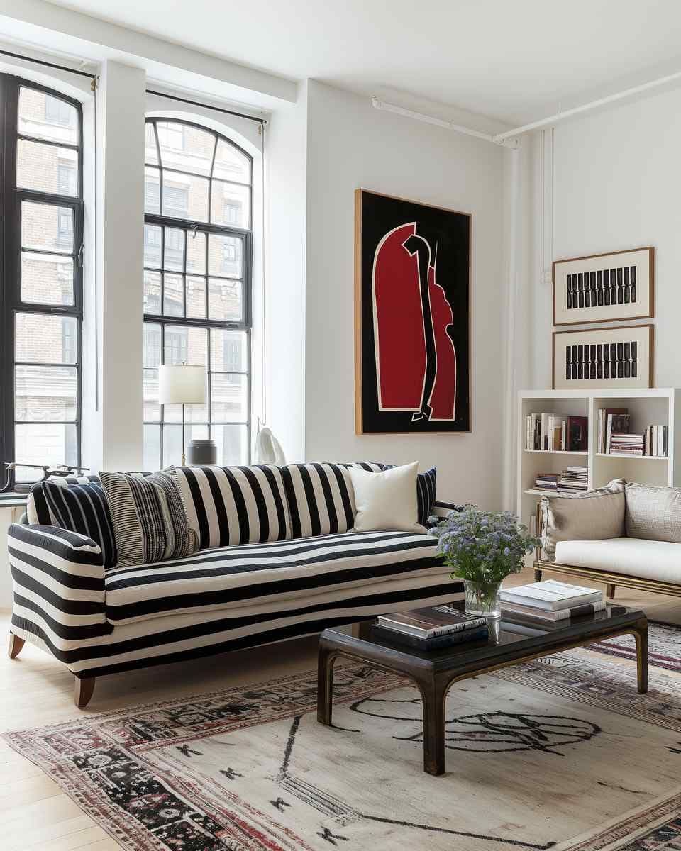 Bright living room with a large framed wall art piece above a black-and-white striped sofa near tall arched windows.