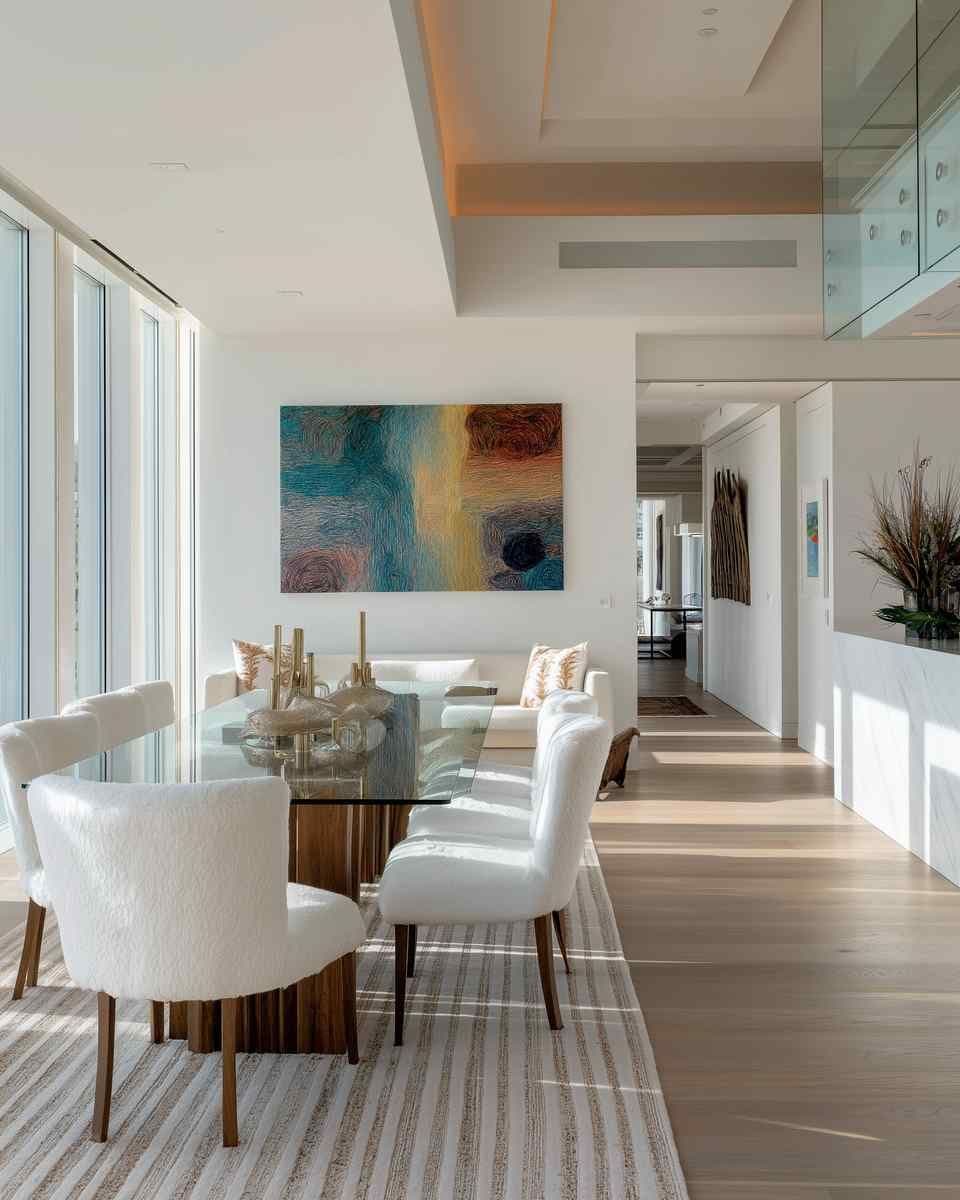 Bright modern dining room with a large wall art piece above a white banquette and a glass dining table near tall windows.