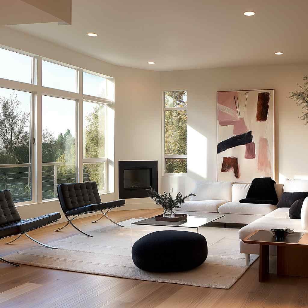 Modern living room with a large framed artwork above a white sectional sofa, next to tall windows and a glass coffee table.