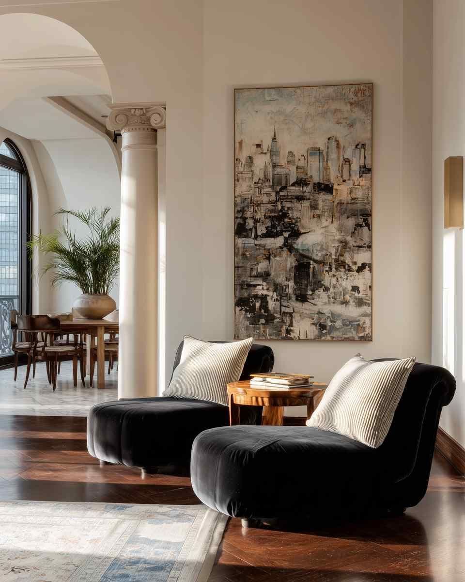 Living room with a large wall-hung frame above two black lounge chairs, next to a small wood side table.