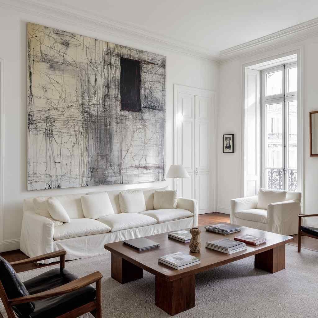 Bright living room with a large wall-mounted frame above a white sofa, facing a wood coffee table near tall windows.