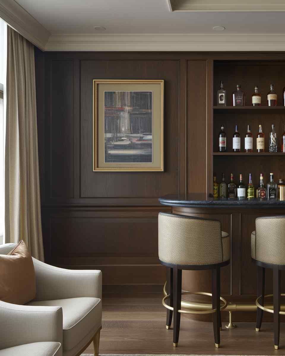 Framed wall art centered on a dark wood paneled wall in a home bar area, with a curved bar counter and stools nearby.