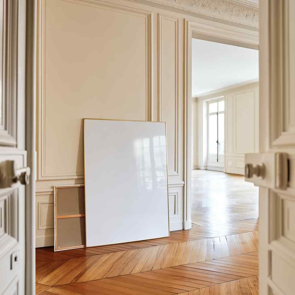 Leaning large framed print on a paneled hallway wall with herringbone wood floors and open double doors in the foreground.