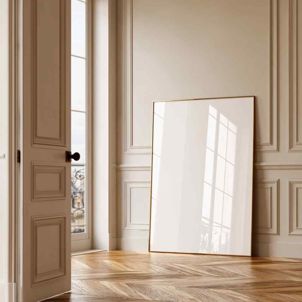 Neutral hallway with classic wall paneling and a large framed artwork leaning on the floor beside a tall glass door.