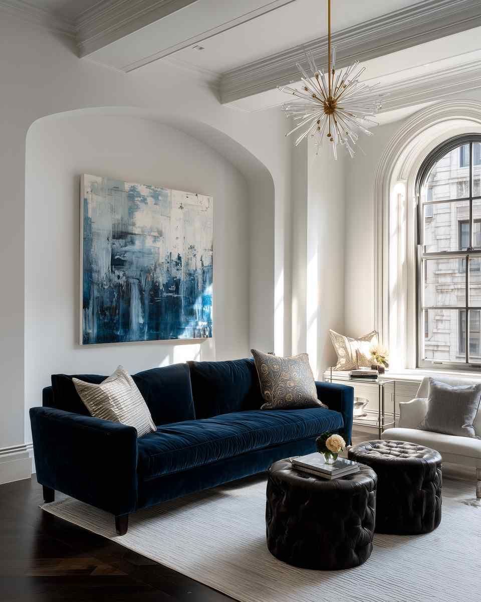Bright living room with a large wall artwork centered in an arched alcove above a deep blue sofa and tufted ottomans.