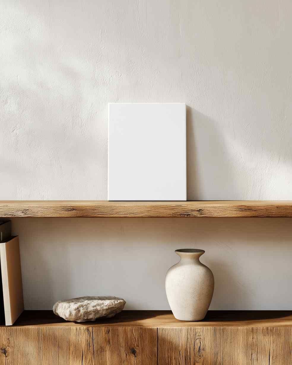 Minimal living room wall with a blank canvas resting on a wood shelf above a wood cabinet with a ceramic vase.