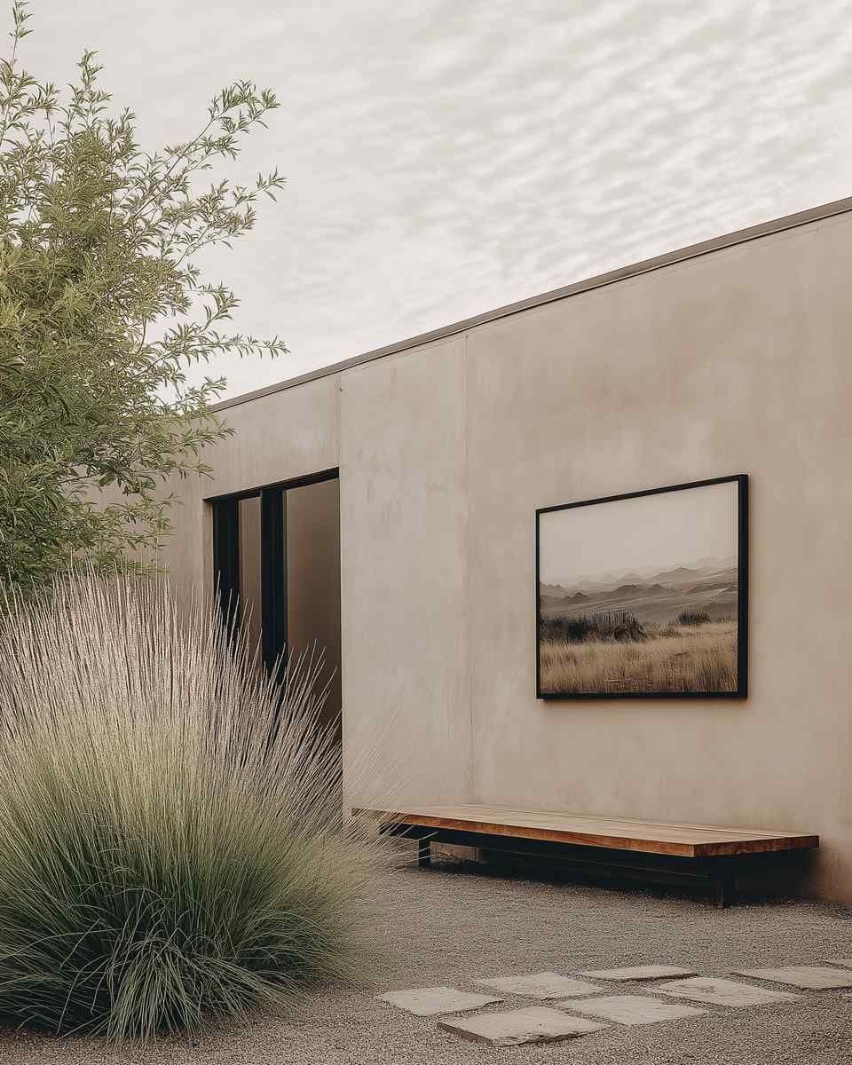 Minimal outdoor patio with a black-framed wall art piece on a beige stucco wall above a long wooden bench.