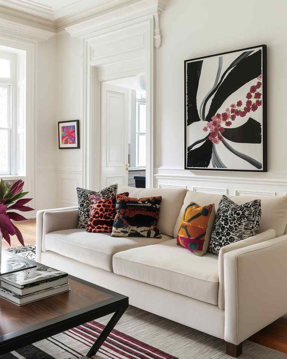 Bright traditional living room with a black-framed wall print above a cream sofa and a low wood coffee table.