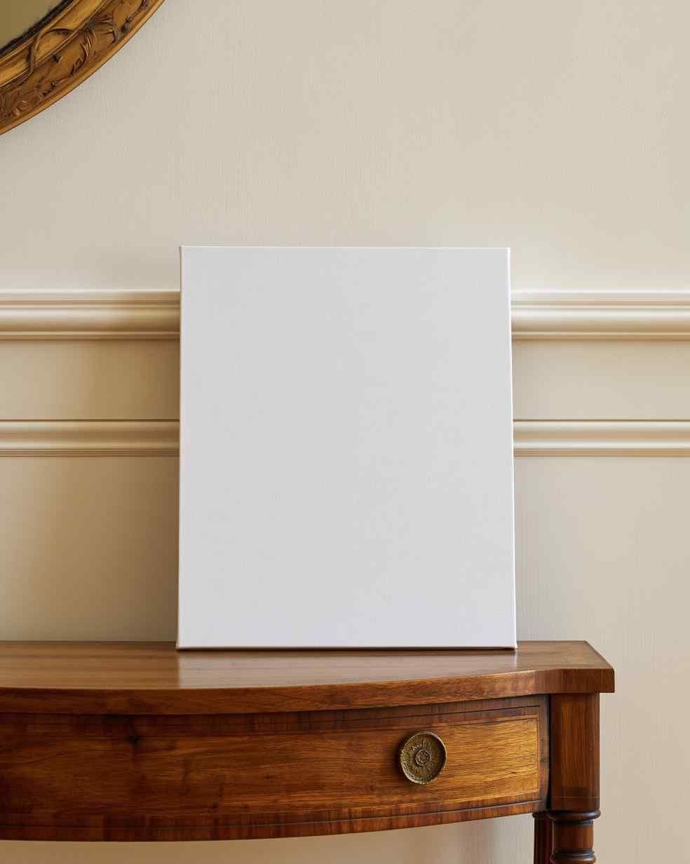 Blank canvas leaning against a paneled wall above a wooden console table with a round drawer pull in an entryway.