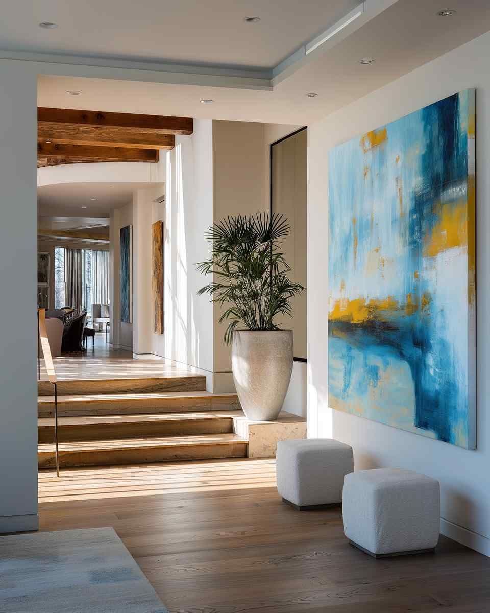 Modern hallway with a large wall-mounted artwork above two gray cube ottomans beside a tall potted plant.