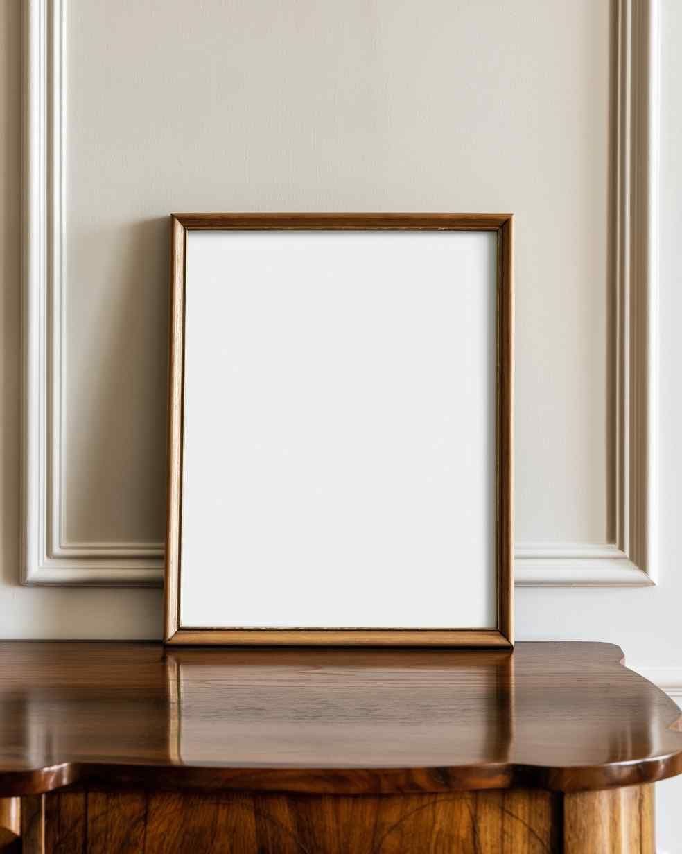 Leaning wood frame with blank artwork on a dark wood console table against a cream paneled wall.