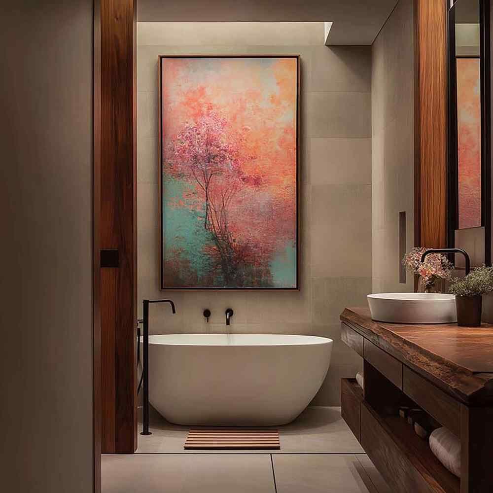 Modern bathroom with a large framed artwork above a freestanding tub, beside a warm wood vanity with vessel sink.